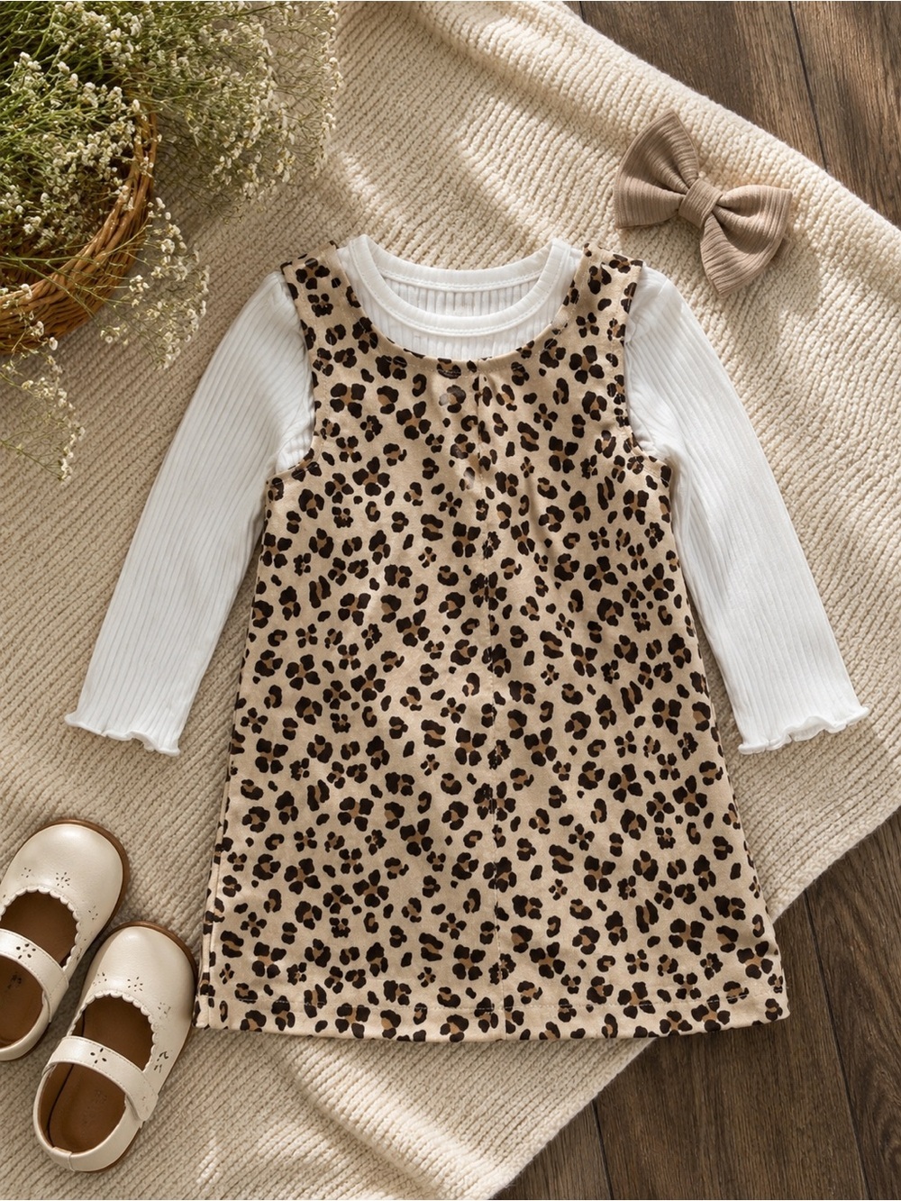 Leopard-Print Pinafore Dress with White Ribbed Top